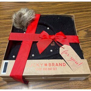 Lucky Brand Black Scarf & Hat Set W/Faux Fur Pom & Pearls NWT